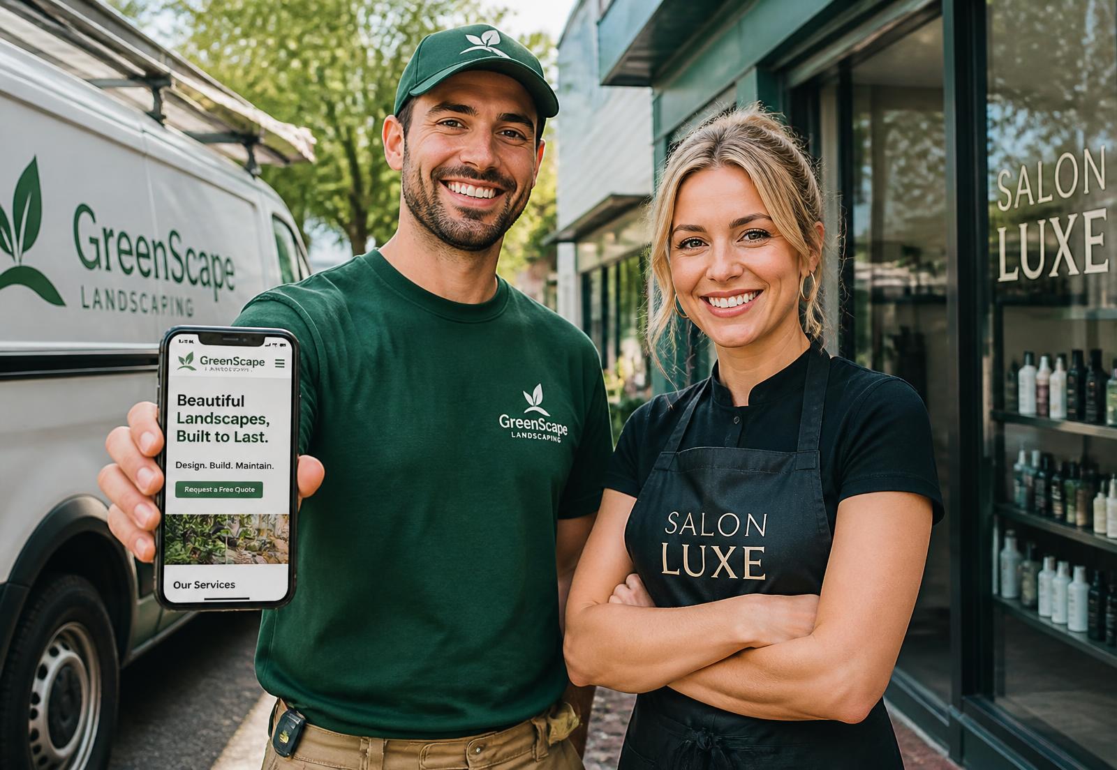 A landscaper and a salon owner smiling outside their businesses, holding a phone showing a simple one-page website